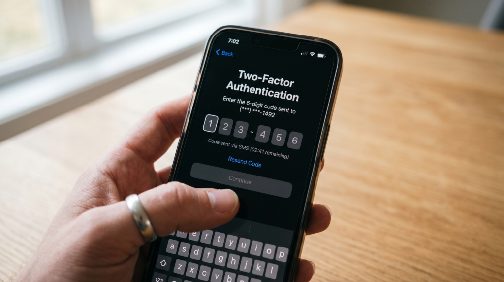 Hand holding phone showing two-factor authentication code prompt on screen