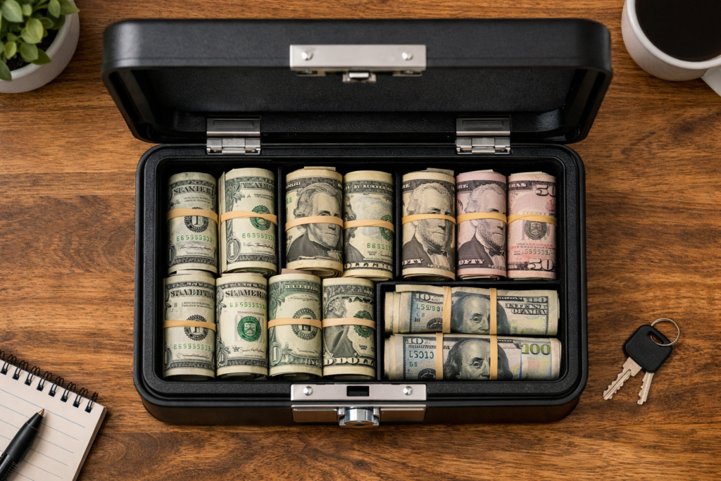 Open fireproof lockbox with organized emergency cash in mixed bill denominations