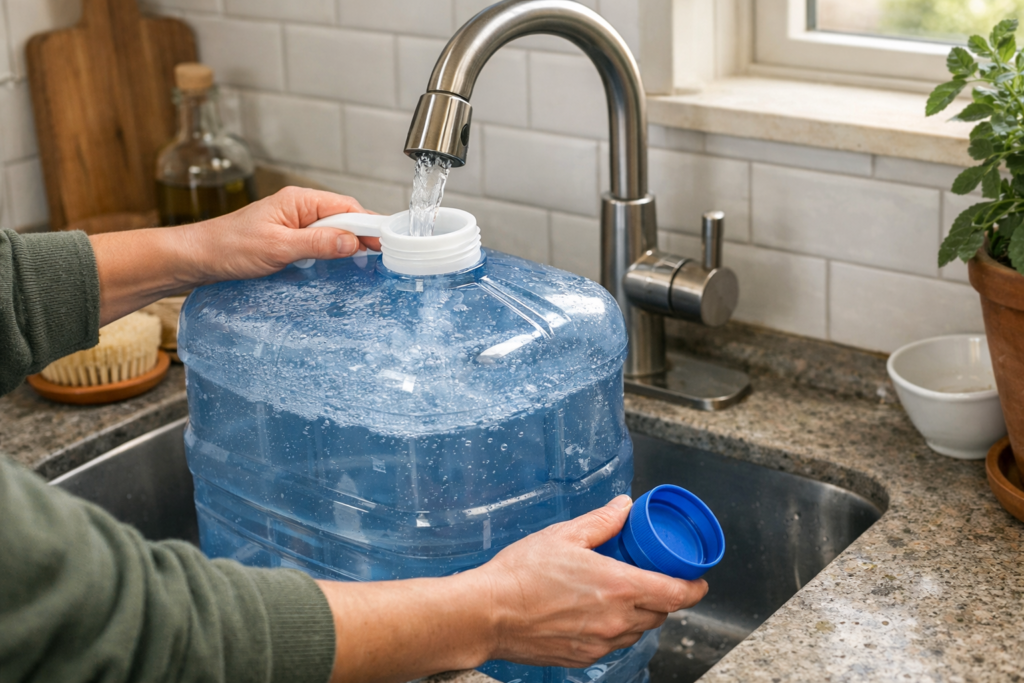 Person filling a large emergency water storage container from a kitchen tap