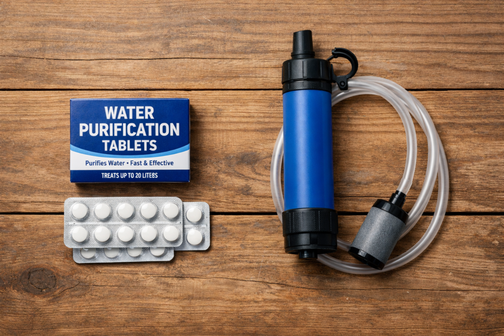 Water purification tablets and portable water filter on a wood surface for emergency preparedness