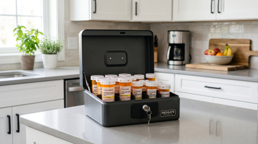Small lockbox containing labeled medication bottles in a clean home setting
