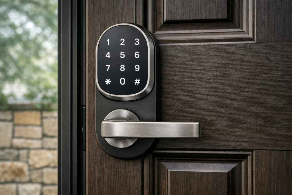 Keypad door lock installed on a residential front door in clean daylight