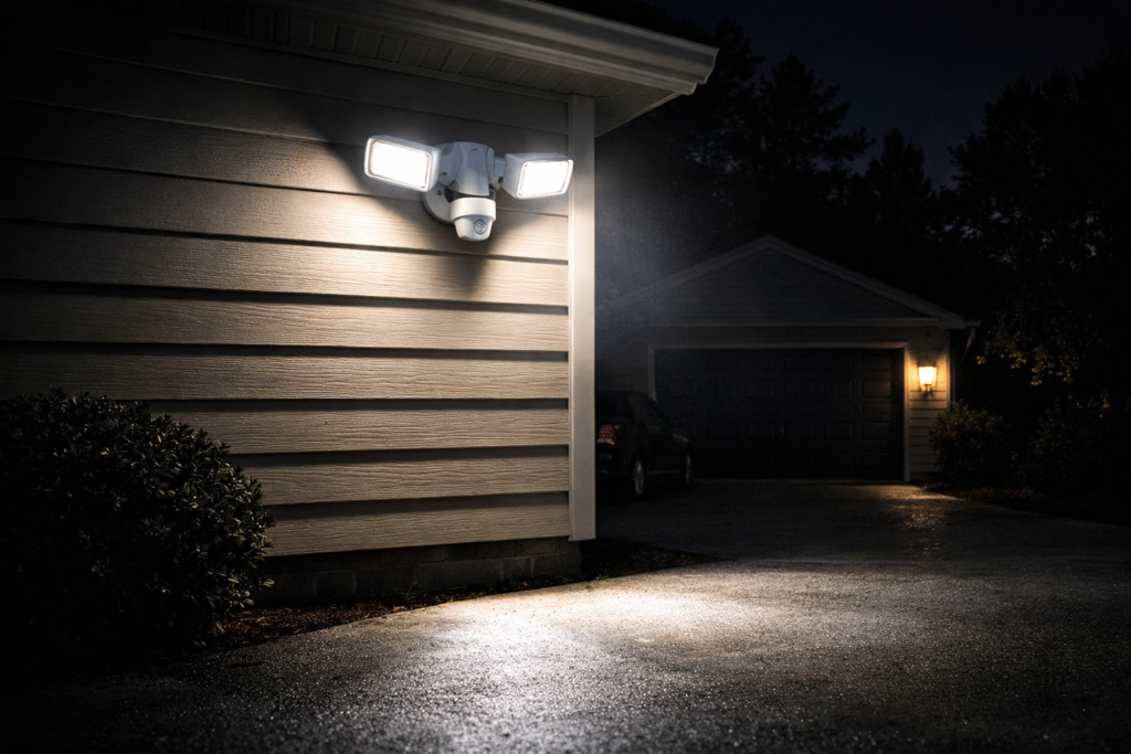 Motion-activated security light illuminating a home exterior driveway at night