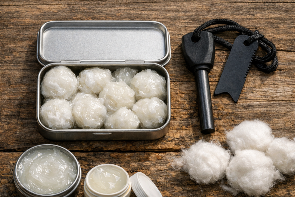 Cotton balls with petroleum jelly in a tin next to a ferro rod on a wooden surface