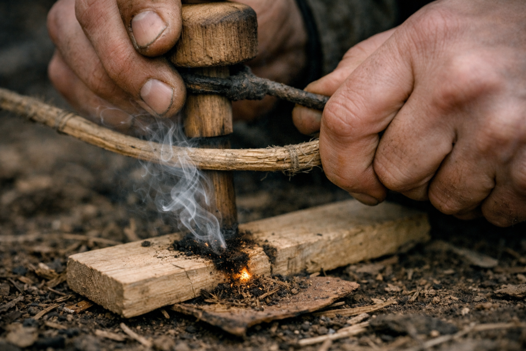 Hands using a bow drill on dry ground with smoke rising from the fireboard notch