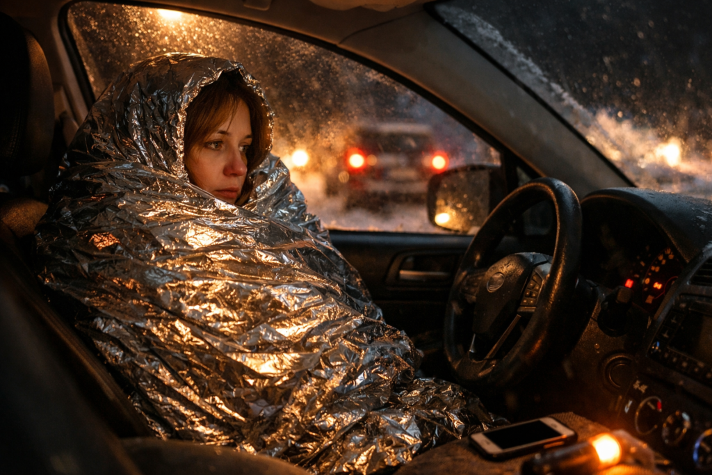Person wrapped in an emergency blanket sitting in a car interior at night while stranded