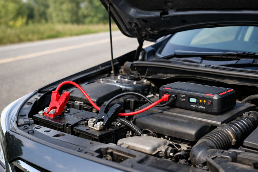 Portable lithium jump starter connected to a car battery under an open hood at a roadside