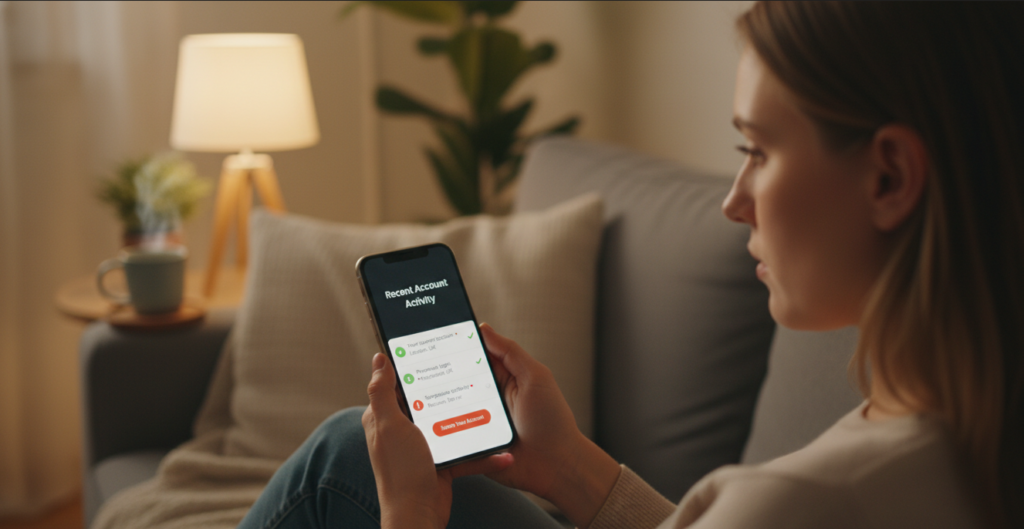 Person reviewing recent login locations on a smartphone after a data breach