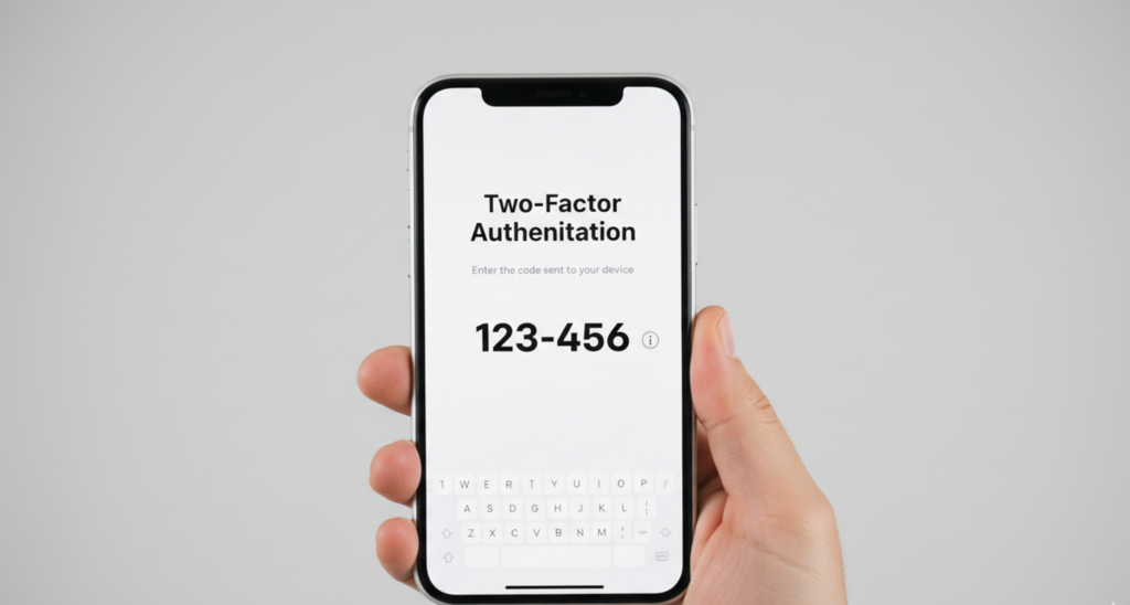 Hand holding phone with two-factor authentication prompt on a clean minimal background