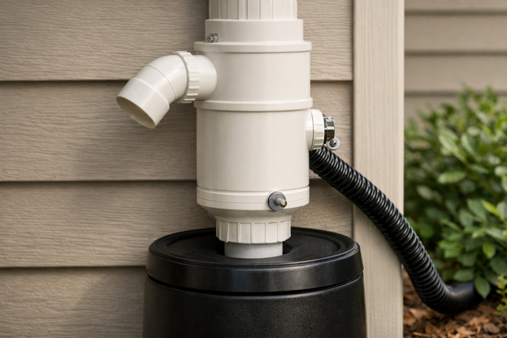 First-flush diverter on a downspout with a rainwater collection barrel below on a home exterior