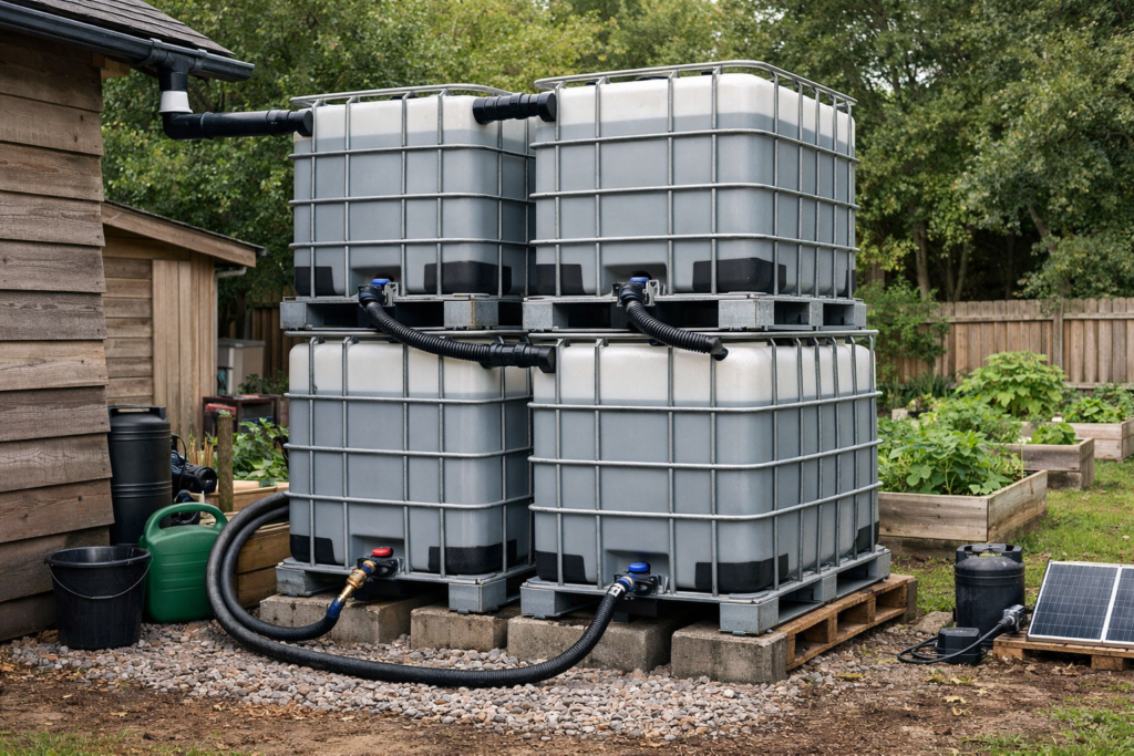 Stacked IBC totes used for rainwater storage in a backyard off-grid setup