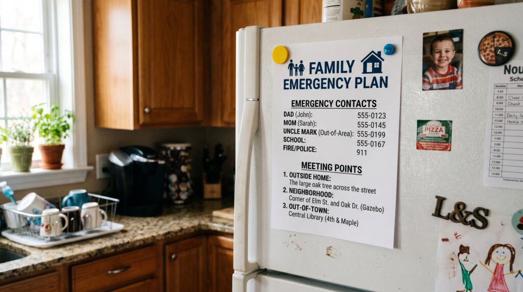 Family emergency plan card with meeting points pinned to a refrigerator