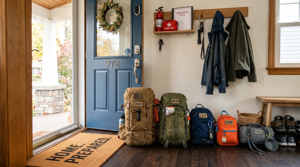 Packed emergency go-bags lined up near a front door at home