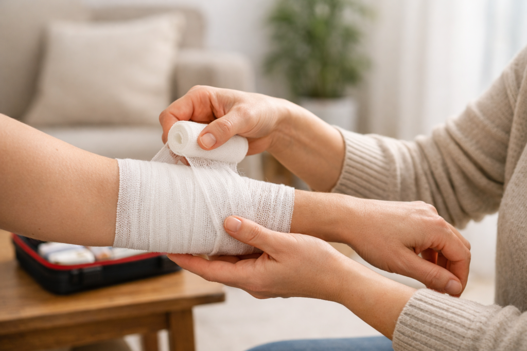 Person wrapping a bandage on an arm in a calm home environment with natural light