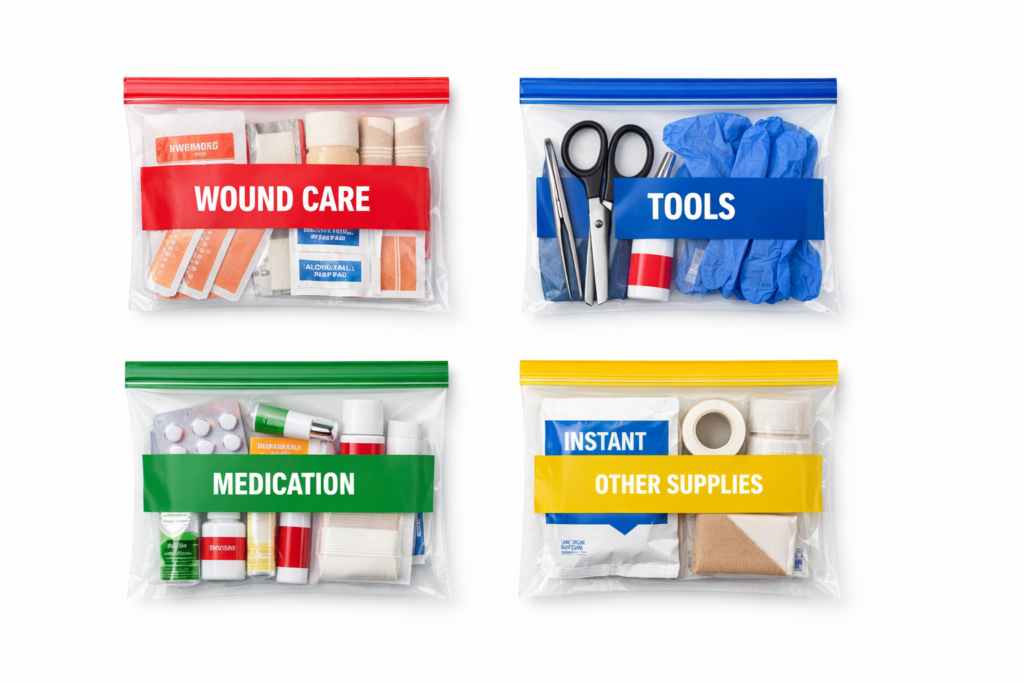 First aid kit supplies organized into color-coded zip bags laid flat on white background