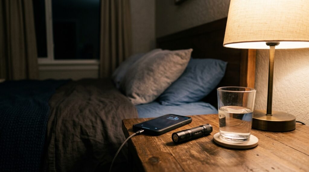 Nightstand with charged phone and flashlight for home safety