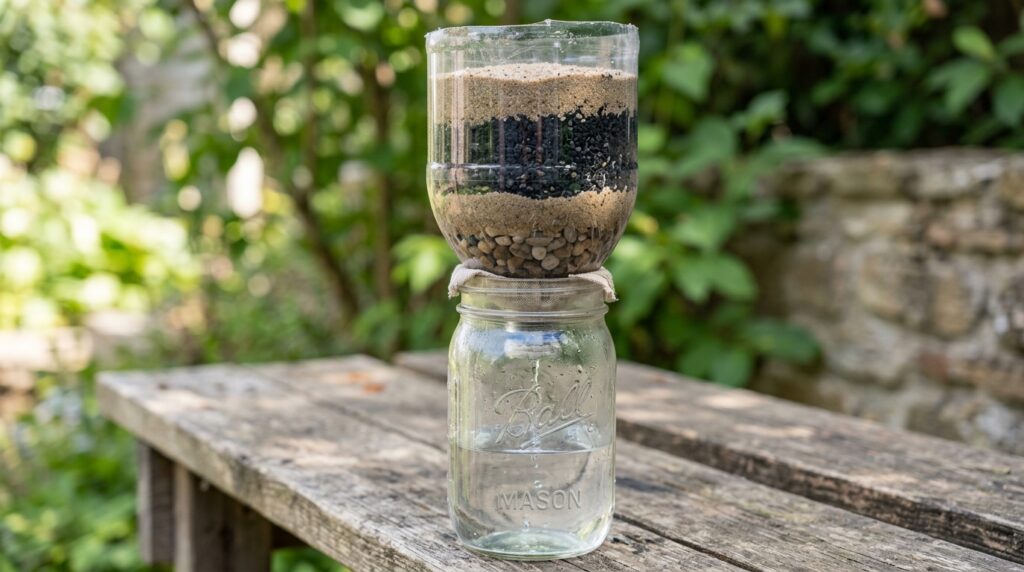 Homemade sand and charcoal filter layered in a bottle over jar