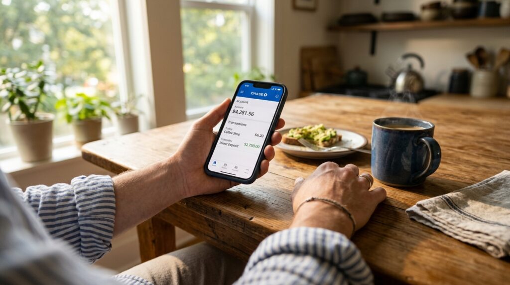 Person checking FDIC insured bank account balance calmly