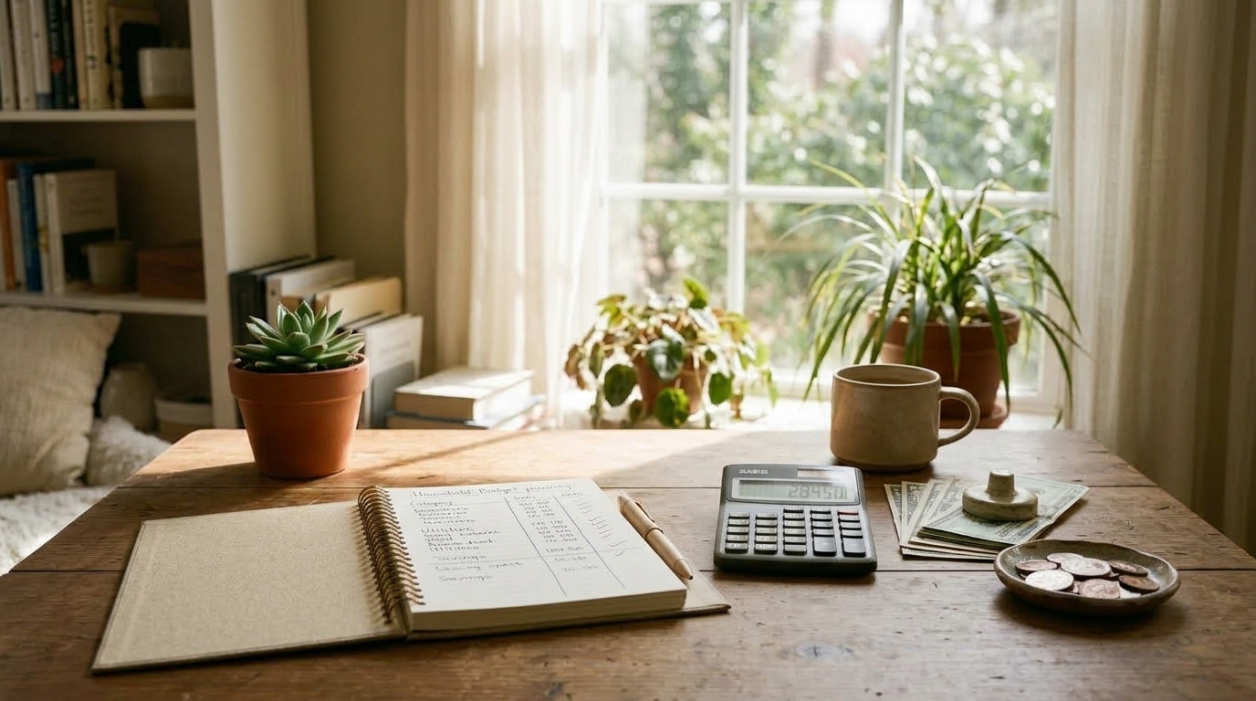 Household budget notebook and cash representing how to protect your money from inflation