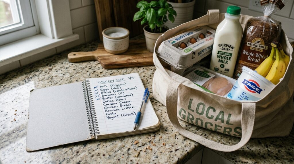 Handwritten grocery list beside bag for building a food supply
