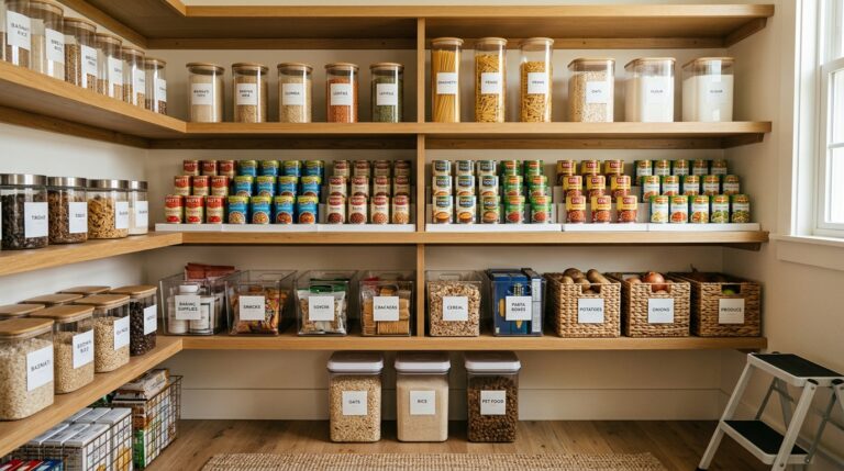 Organized pantry shelves showing how to build a 3-month food supply