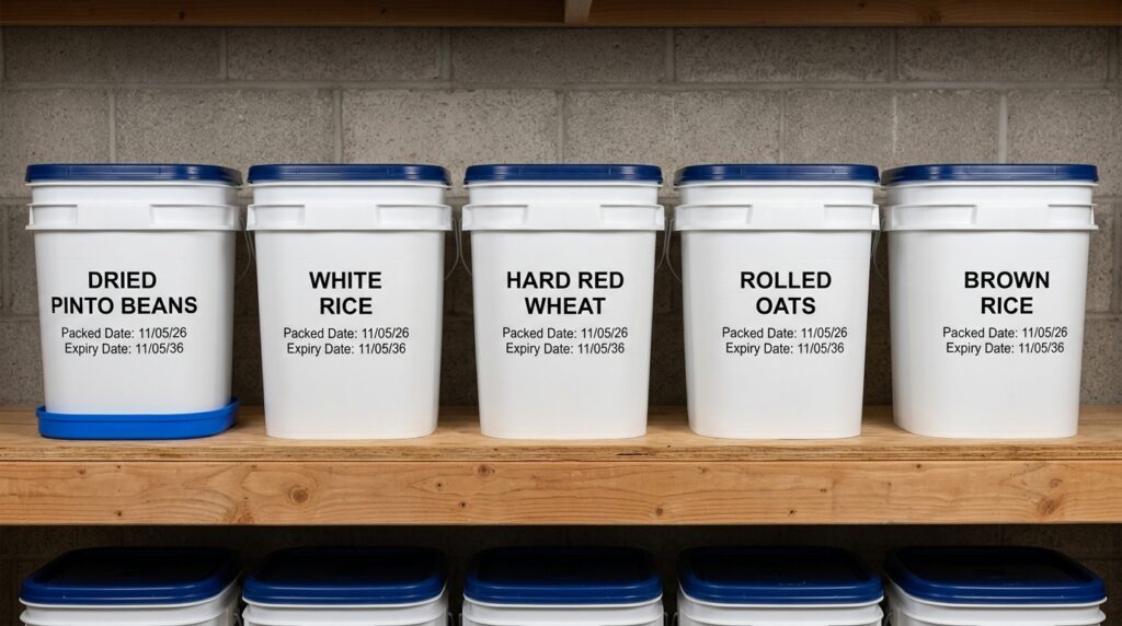 Labeled gamma-seal buckets for organized bulk food storage